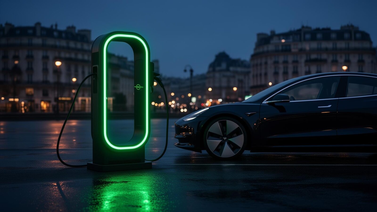 Borne de recharge véhicule électrique premium au crépuscule